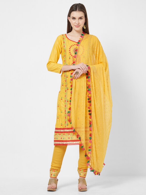 Viva N Diva Yellow Embroidered Cotton Office Wear Women Dress Material